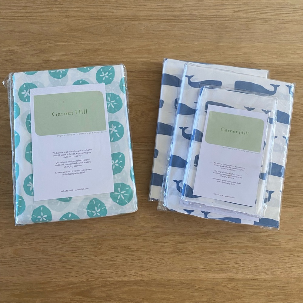 NEW! NIP Garnet Hill Kids' Sheet Set & Duvet Cover BUNDLE Whales & Sand Dollars